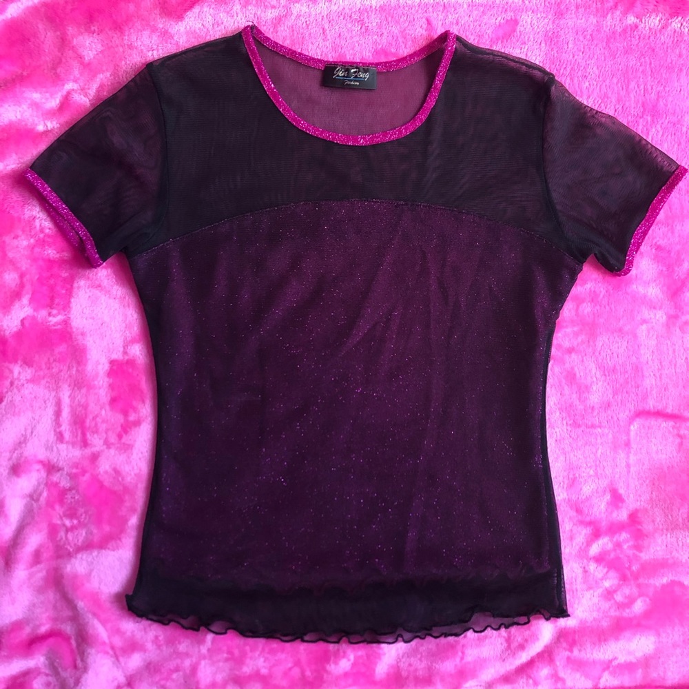 90s mesh black/pink glitter T with lettuce trim!